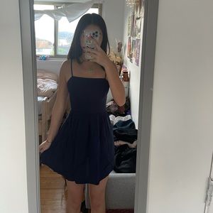 dark blue lace up back mini dress